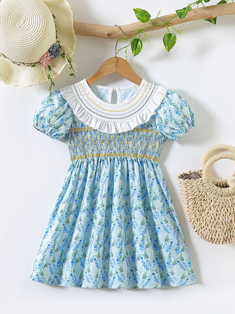 小女童碎花荷葉邊泡泡袖洋裝