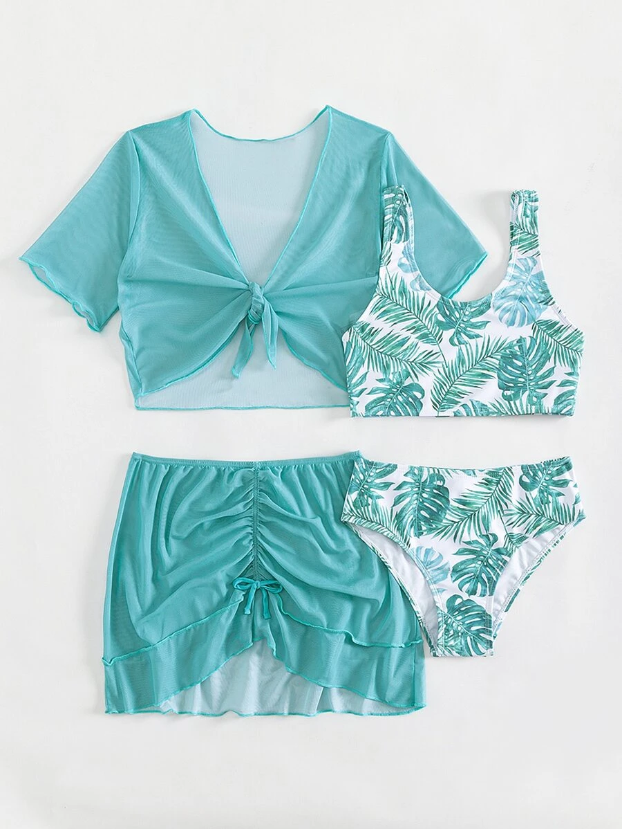 Tween Girl Tropical Print Bikini Set With Cover Up Set Summer Beach - Multicolor - View 1