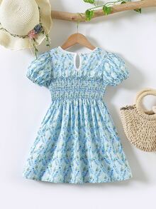 小女童碎花荷葉邊泡泡袖洋裝