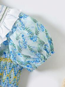 小女童碎花荷葉邊泡泡袖洋裝