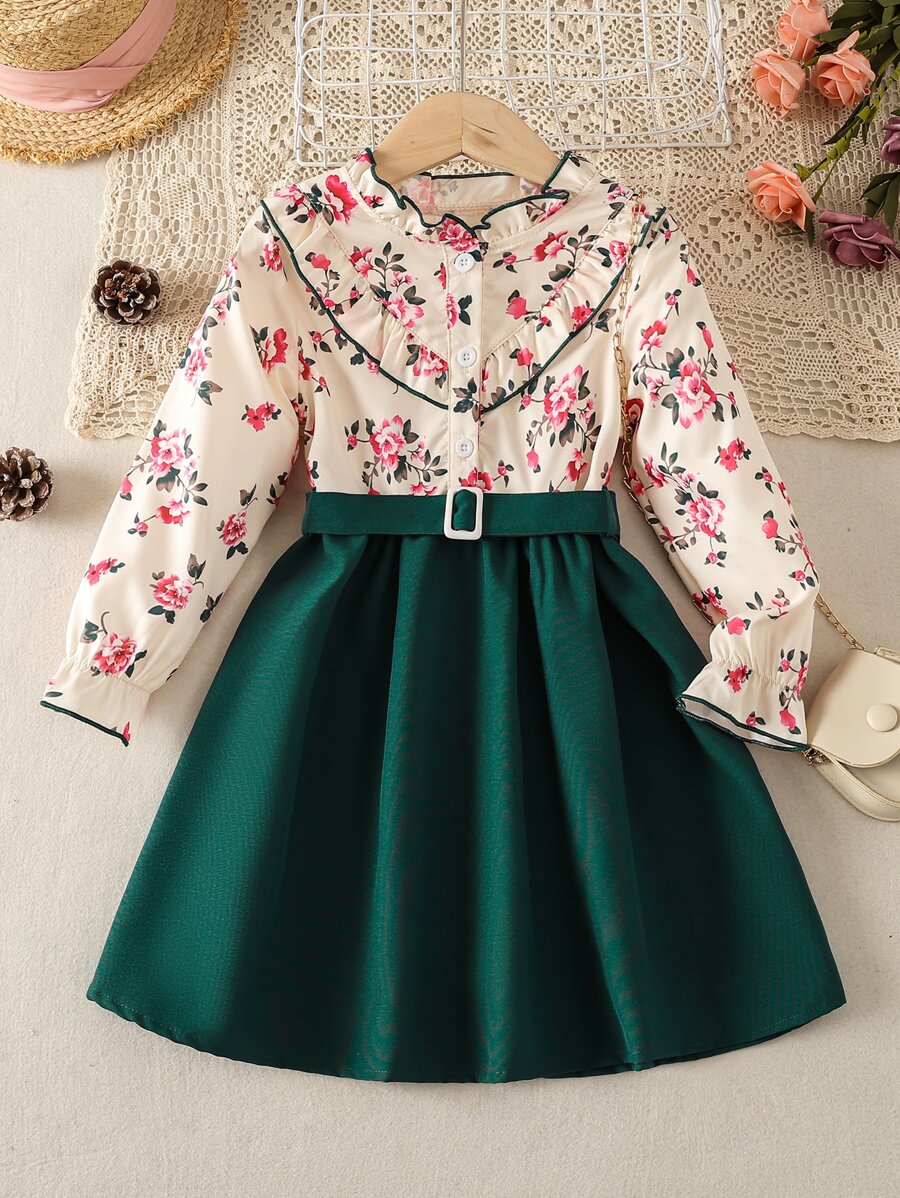 SHEIN 小女童印花荷葉邊荷葉袖繫腰帶洋裝