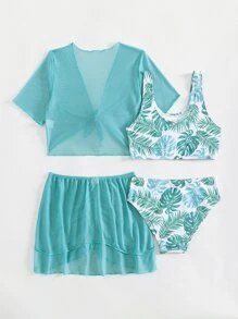 Tween Girl Tropical Print Bikini Set With Cover Up Set Summer Beach - Multicolor - View 2