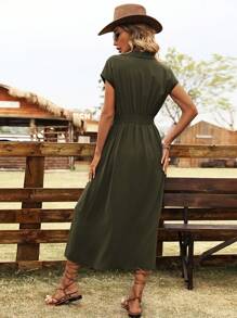 SHEIN VCAY 翻蓋口袋蝙蝠袖褶皺細節襯衫洋裝