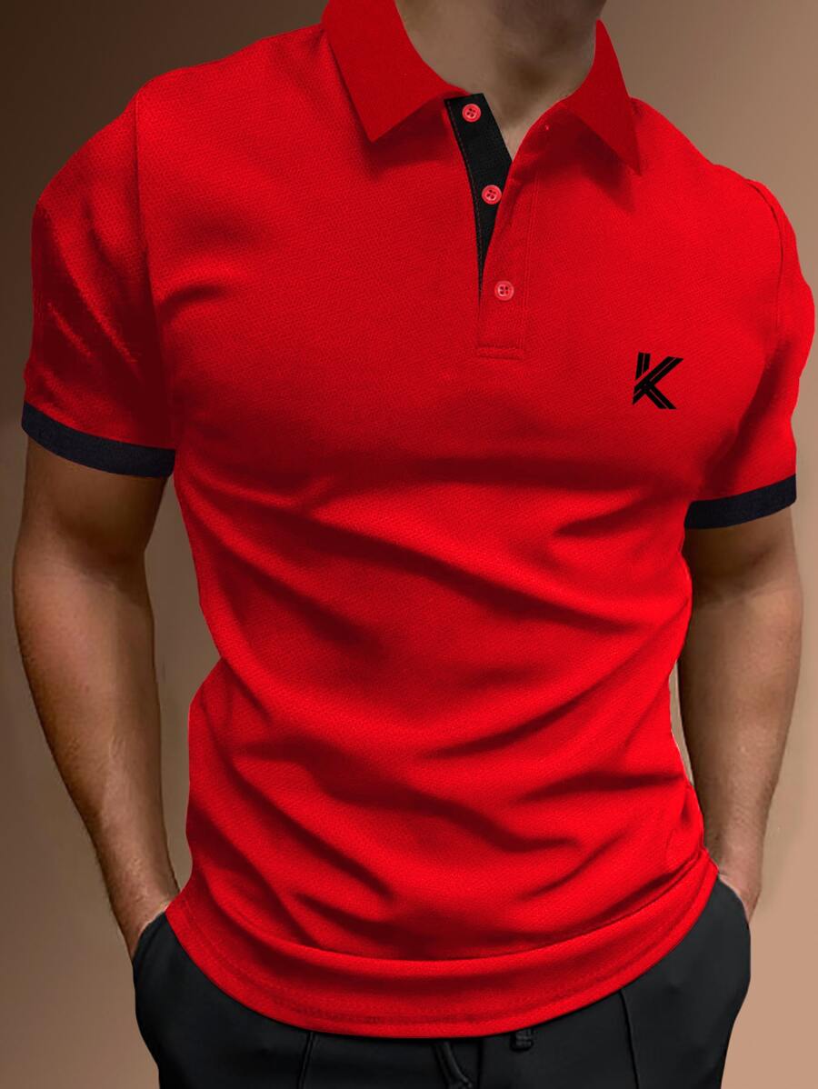 Manfinity Homme Men Letter Graphic Contrast Trim Polo Shirt - Red - View 1