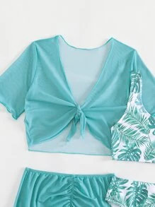 Tween Girl Tropical Print Bikini Set With Cover Up Set Summer Beach - Multicolor - View 3