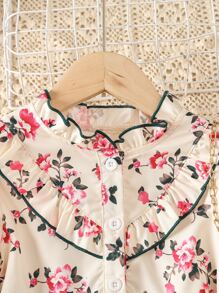 SHEIN 小女童印花荷葉邊荷葉袖繫腰帶洋裝