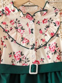 SHEIN 小女童印花荷葉邊荷葉袖繫腰帶洋裝