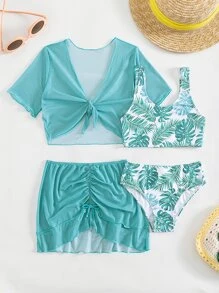 Tween Girl Tropical Print Bikini Set With Cover Up Set Summer Beach - Multicolor - View 5