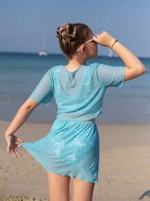 Tween Girl Tropical Print Bikini Set With Cover Up Set Summer Beach - Multicolor - View 7