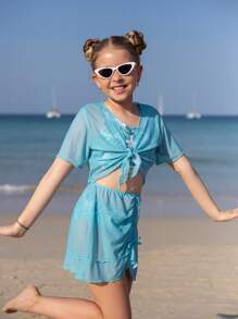 Tween Girl Tropical Print Bikini Set With Cover Up Set Summer Beach - Multicolor - View 8