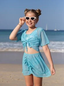 Tween Girl Tropical Print Bikini Set With Cover Up Set Summer Beach - Multicolor - View 9