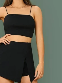 SHEIN BAE Conjunto top de tirante corto unicolor con skort - Negro - Ver 3
