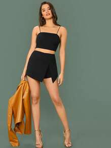 SHEIN BAE Conjunto top de tirante corto unicolor con skort - Negro - Ver 5