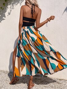 Breezaya 幾何印花褶邊後背繫帶吊帶上衣和高衩半身裙 - 彩色 - 查看 2
