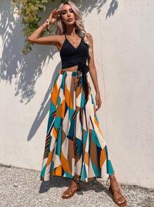 Breezaya 幾何印花褶邊後背繫帶吊帶上衣和高衩半身裙 - 彩色 - 查看 4