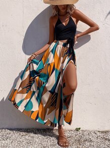 Breezaya 幾何印花褶邊後背繫帶吊帶上衣和高衩半身裙 - 彩色 - 查看 5