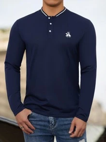 Manfinity Homme Men Figure & Horse Print Baseball Collar Polo Shirt - Navy Blue - View 1