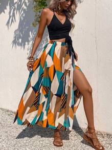 Breezaya 幾何印花褶邊後背繫帶吊帶上衣和高衩半身裙 - 彩色 - 查看 6