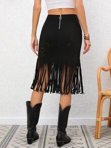 RELISH NOLESS Váy nữ mép màu trơn Boho - màu đen - Xem 2