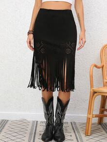 RELISH NOLESS Váy nữ mép màu trơn Boho - màu đen - Xem 3