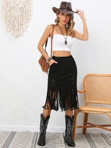 RELISH NOLESS Váy nữ mép màu trơn Boho - màu đen - Xem 4