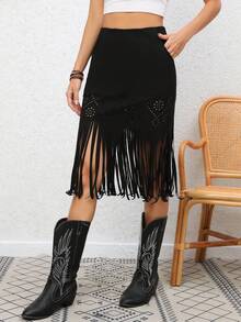 RELISH NOLESS Váy nữ mép màu trơn Boho - màu đen - Xem 6