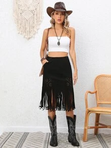 RELISH NOLESS Váy nữ mép màu trơn Boho - màu đen - Xem 8