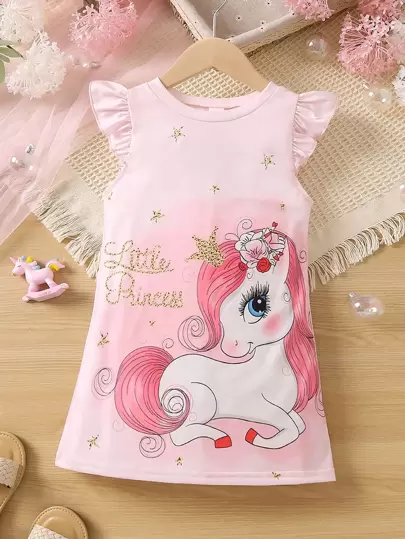 SHEIN Vestido De Recorte Con Volantes Y Estampado De Unicornio Para Niña Joven