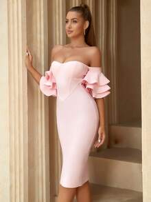 ADYCE 一字肩荷葉邊緊身連衣裙 - 淺粉色 - 查看 6