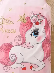 SHEIN Young Girl Unicorn Print Ruffle Trim Dress - Baby Pink - View 3