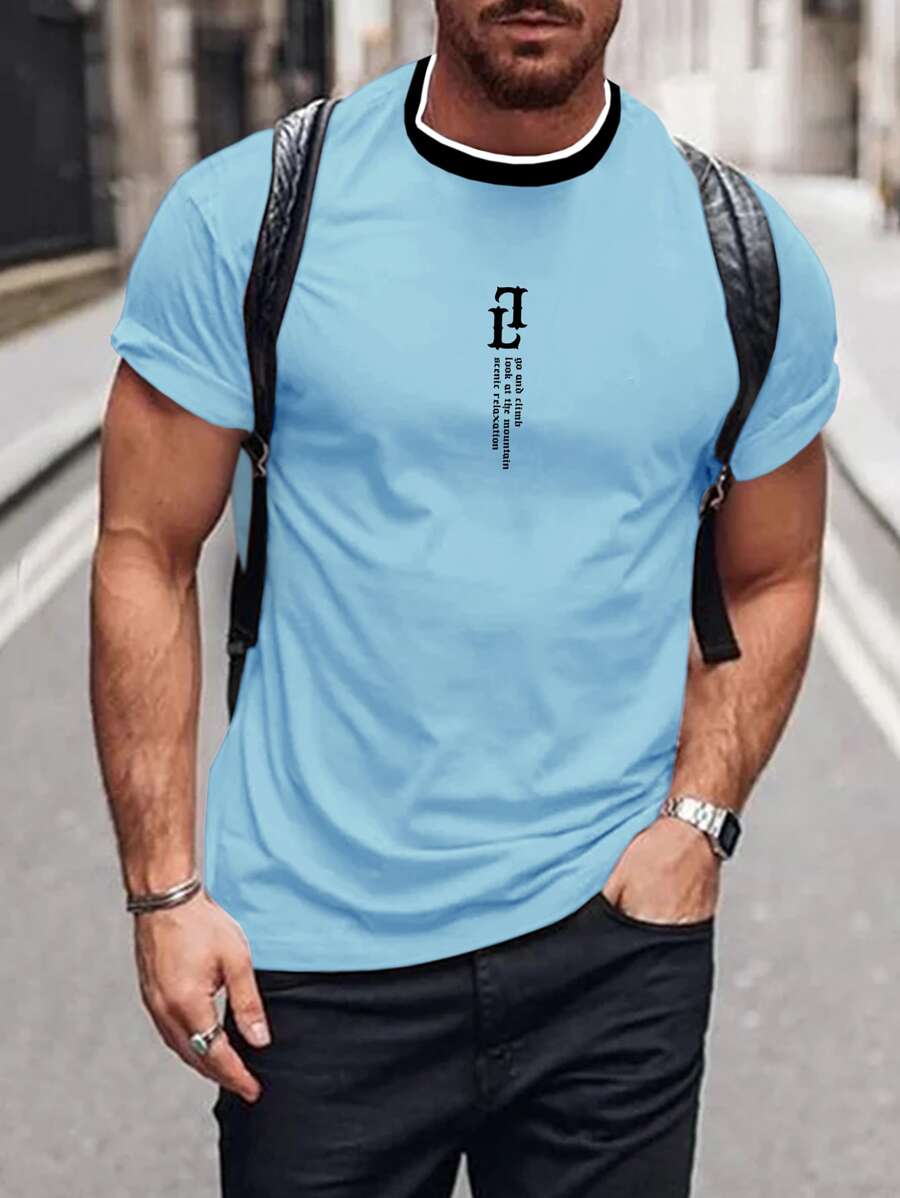 Manfinity Men Slogan Graphic Contrast Trim Tee - Blue - View 1