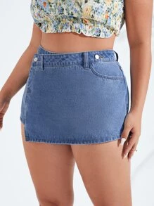 SHEIN Essnce 大碼斜口袋不對稱下擺牛仔裙褲 - 中等水洗藍 - 查看 3