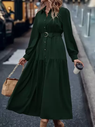 LanaWest 纯色纽扣前开襟系带荷叶边下摆衬衫连衣裙长款女装