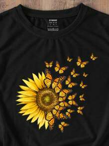 SHEIN LUNE Sunflower And Butterfly Print Tee - Black - View 5