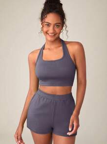 SHEIN BASICS Solid Crop Halter Top & Shorts - Dusty Purple - View 1