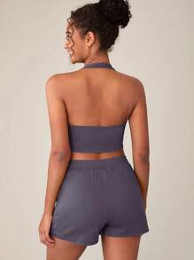 SHEIN BASICS Solid Crop Halter Top & Shorts - Dusty Purple - View 2