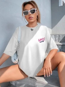 SHEIN Unity Dolphin & Slogan Graphic Drop Vai Tee KHÔNG LỖI TRÒ CHƠI VUI VẺ THƯ GIÃN TẬN HƯỞNG KHOẢNH KHẮC CHƠI GAME CỦA BẠN - trắng - Xem 4