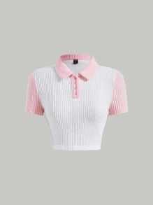 SHEIN MOD Contrast Collar Ribbed Knit Crop Tee - Multicolor - View 1