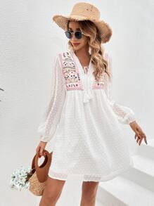SHEIN VCAY 圓點刺繡細節燈籠袖洋裝 - 白色 - 查看 3