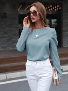 SHEIN Clasi Tie Back Gigot Sleeve Top - Dusty Blue - View 3