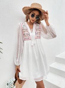 SHEIN VCAY 圓點刺繡細節燈籠袖洋裝 - 白色 - 查看 4