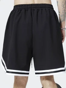 ROMWE MEN Guys Letter Graphic Striped Trim Drawstring Waist Shorts - Black - View 2