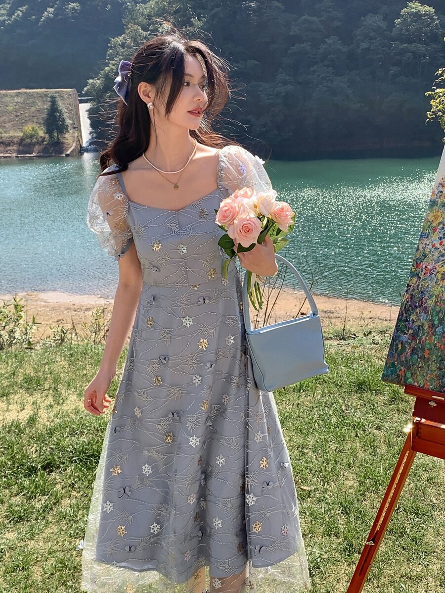 DAZY Floral Embroidery Puff Sleeve Dress Cottagecore Dress - Dusty Blue - View 1