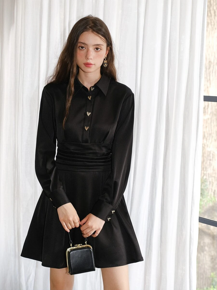 Đầm Nút phía trước Xếp li màu trơn Thanh lịch - màu đen - Xem 1