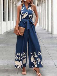 Breezaya Plants Print Belted Halter Neck Backless Wide Leg Jumpsuit - Navy Blue - View 1