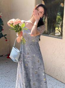 DAZY Floral Embroidery Puff Sleeve Dress Cottagecore Dress - Dusty Blue - View 3