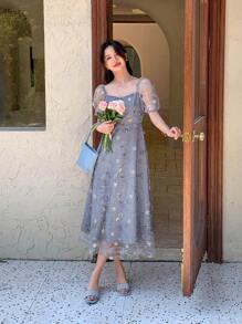 DAZY Floral Embroidery Puff Sleeve Dress Cottagecore Dress - Dusty Blue - View 4