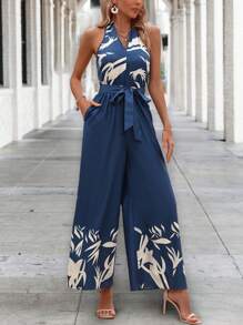 Breezaya Plants Print Belted Halter Neck Backless Wide Leg Jumpsuit - Navy Blue - View 3