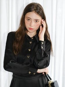 Đầm Nút phía trước Xếp li màu trơn Thanh lịch - màu đen - Xem 4