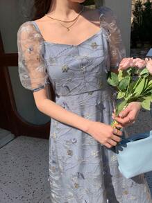 DAZY Floral Embroidery Puff Sleeve Dress Cottagecore Dress - Dusty Blue - View 5